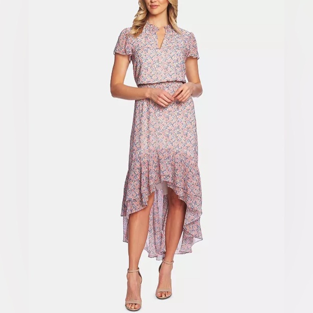 Flutter-Sleeve Floral High-Low Dress